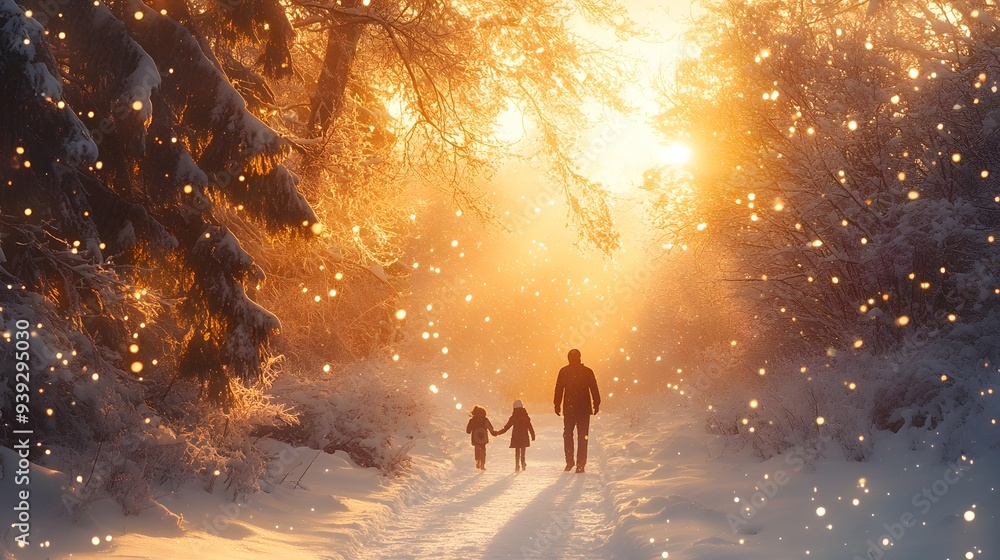 Obraz premium heavy snowfall, winter wonderland, family walking in snowy forest, golden sunlight filtering through trees, snowflakes in the air, frost-covered branches, deep snow-covered path.