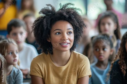 A classroom with a teacher of diverse ethnicity engaging students in a discussion about history, showcasing the importance of inclusive education.