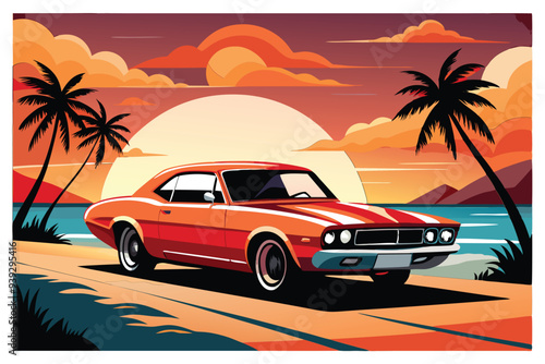 Artwork of a flat graphic design for a T-shirt featuring a car