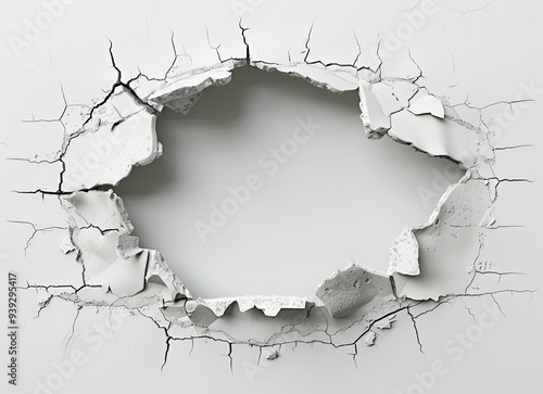 cracked wall hole with a white border on a white background