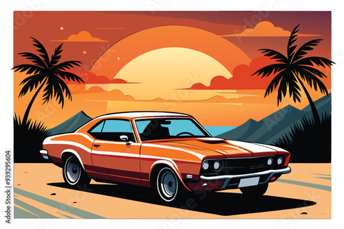 Artwork of a flat graphic design for a T-shirt featuring a car