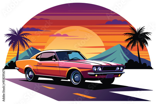 Artwork of a flat graphic design for a T-shirt featuring a car
