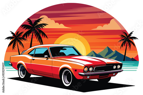 Artwork of a flat graphic design for a T-shirt featuring a car