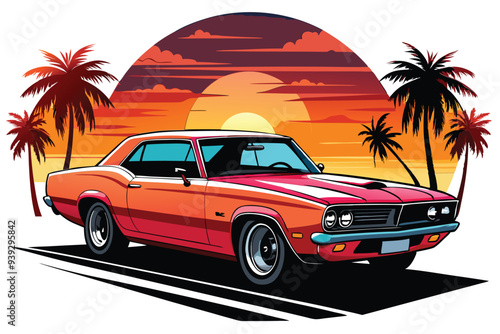 Artwork of a flat graphic design for a T-shirt featuring a car