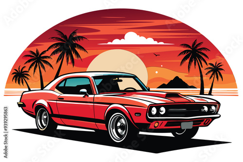 Artwork of a flat graphic design for a T-shirt featuring a car