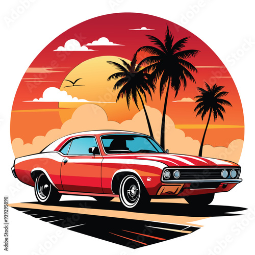 Artwork of a flat graphic design for a T-shirt featuring a car