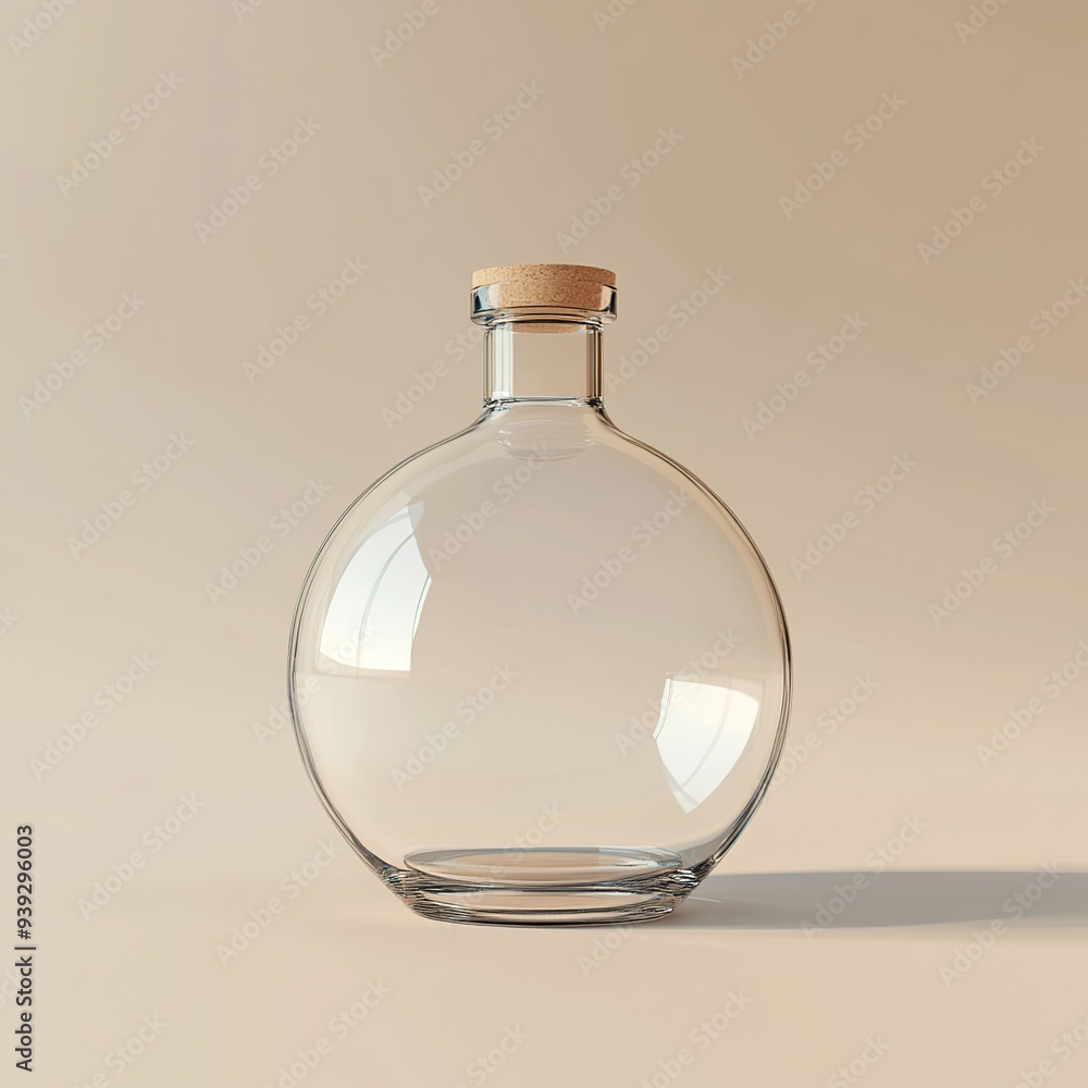 Empty round glass bottle with a cork top on a light beige background. Empty round glass bottle with a cork top on a light beige background.