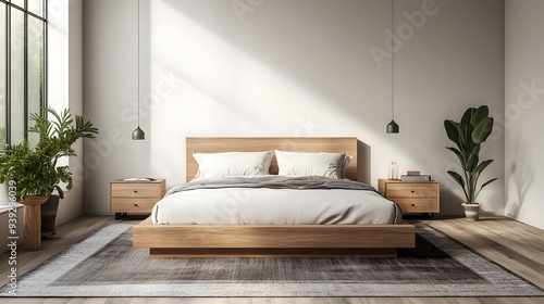 37. A minimalist bedroom with a platform bed, simple nightstands, and a contemporary rug