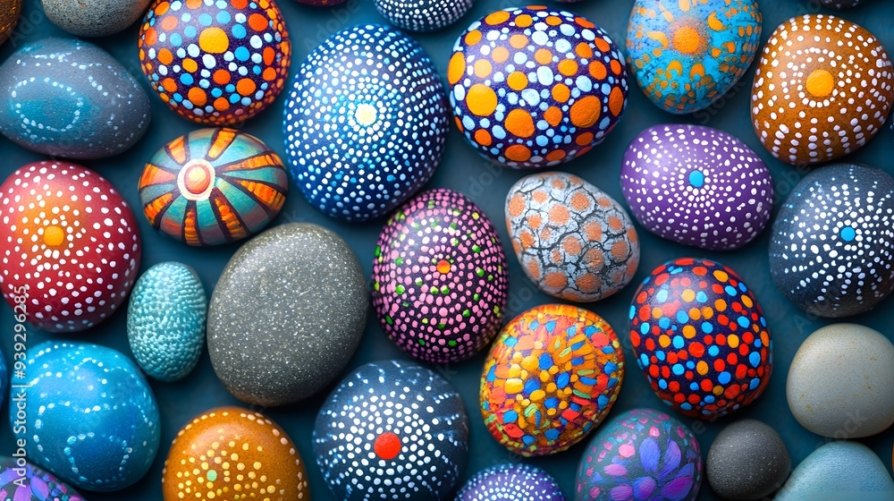 light blue background, collection of painted mandala rocks, colorful pebbles with intricate designs, bohemian art stones, vibrant patterns, dot painting technique, zen and meditation concept. light blue background, collection of painted mandala rocks, colorful pebbles with intricate designs, bohemian art stones, vibrant patterns, dot painting technique, zen and meditation concept.