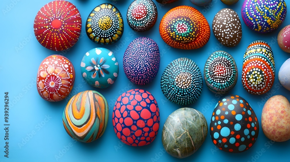 light blue background, collection of painted mandala rocks, colorful pebbles with intricate designs, bohemian art stones, vibrant patterns, dot painting technique, zen and meditation concept. light blue background, collection of painted mandala rocks, colorful pebbles with intricate designs, bohemian art stones, vibrant patterns, dot painting technique, zen and meditation concept.