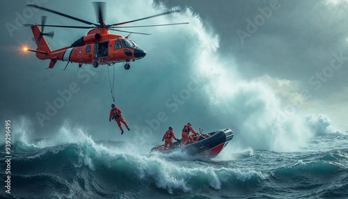 Rescue helicopter hovers over turbulent ocean, crew lowered to a lifeboat amid crashing waves, dramatic lighting.







 photo