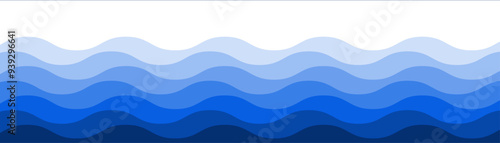 Abstract water seamless wavy line pattern in gradient blue colors of ocean ripples or sea waves. Vector geometric water curves isolated on transparent background.