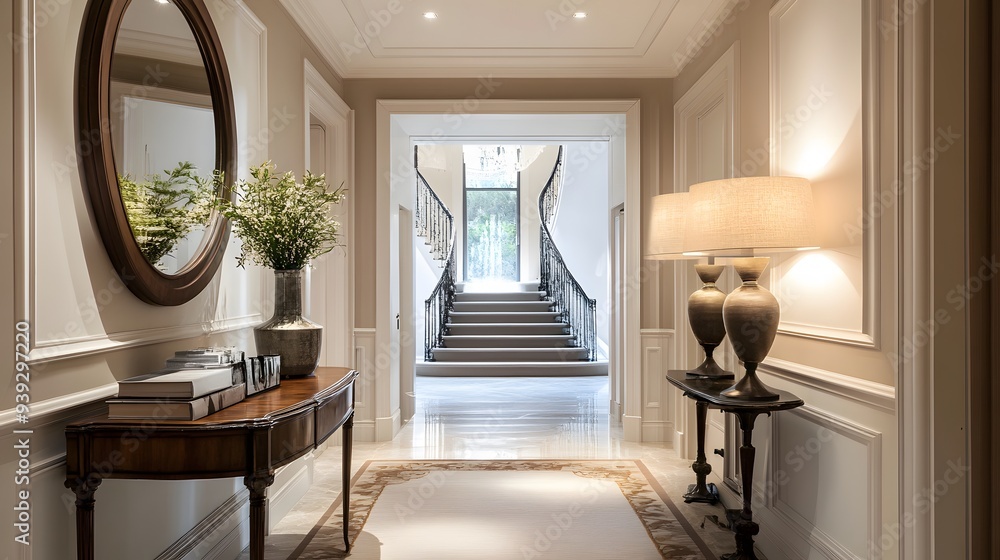 41. An elegant entryway with a grand console table, a decorative mirror, and a stylish lamp 41. An elegant entryway with a grand console table, a decorative mirror, and a stylish lamp