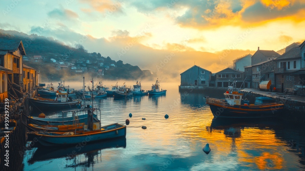 Fototapeta premium A serene harbor captured at sunset. Colorful boats line the calm water. The sky is filled with warm hues. This image conveys tranquility and natural beauty. 