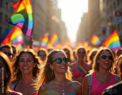 Among the streets, hundreds of people march with LGBTQ flags in the pride parade 