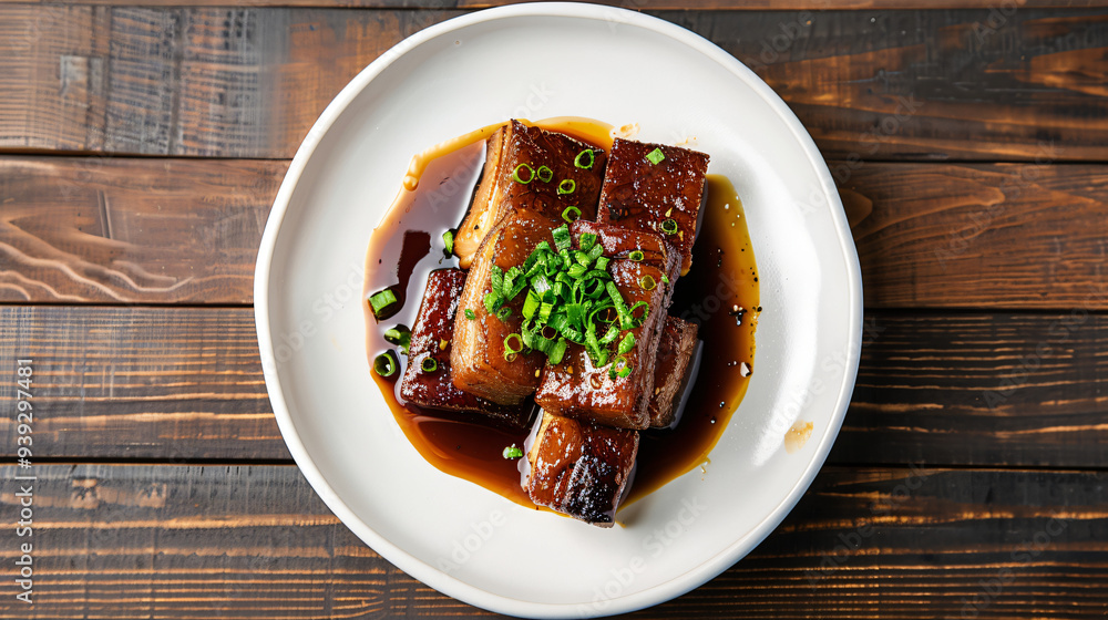Savory braised pork belly with green onion garnish served on a white plate Savory braised pork belly with green onion garnish served on a white plate