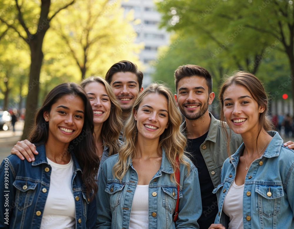 International students posing joyfully in a park with city background, natural light, space for text.
International students posing joyfully in a park with city background, natural light, space for text.