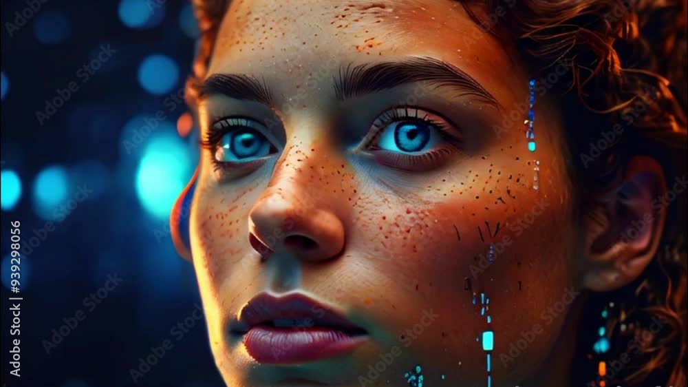 An Artistic Close-Up of a Woman with Warm-Toned Skin, Framed by Auburn Curls and Enhanced by Holographic Elements and Bokeh Lights An Artistic Close-Up of a Woman with Warm-Toned Skin, Framed by Auburn Curls and Enhanced by Holographic Elements and Bokeh Lights
