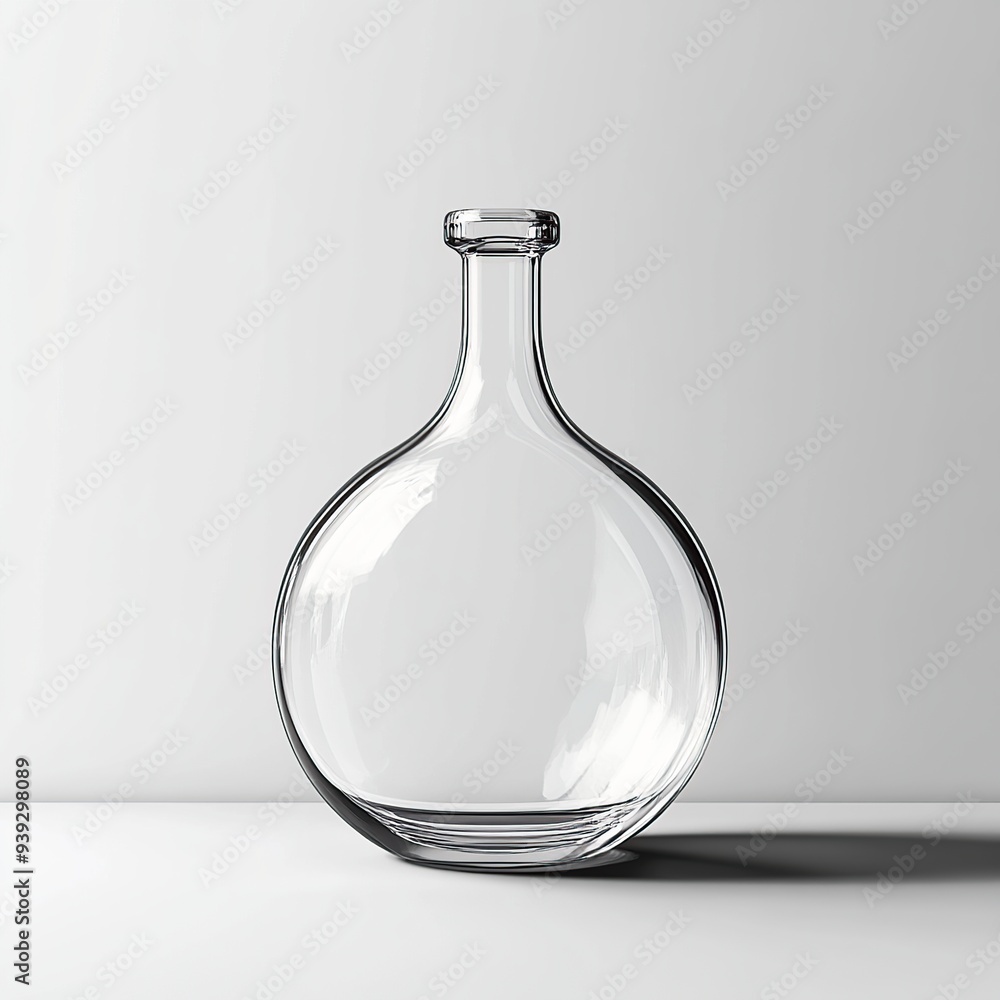 Empty glass decanter with a round body and a short neck on a white surface. Empty glass decanter with a round body and a short neck on a white surface.