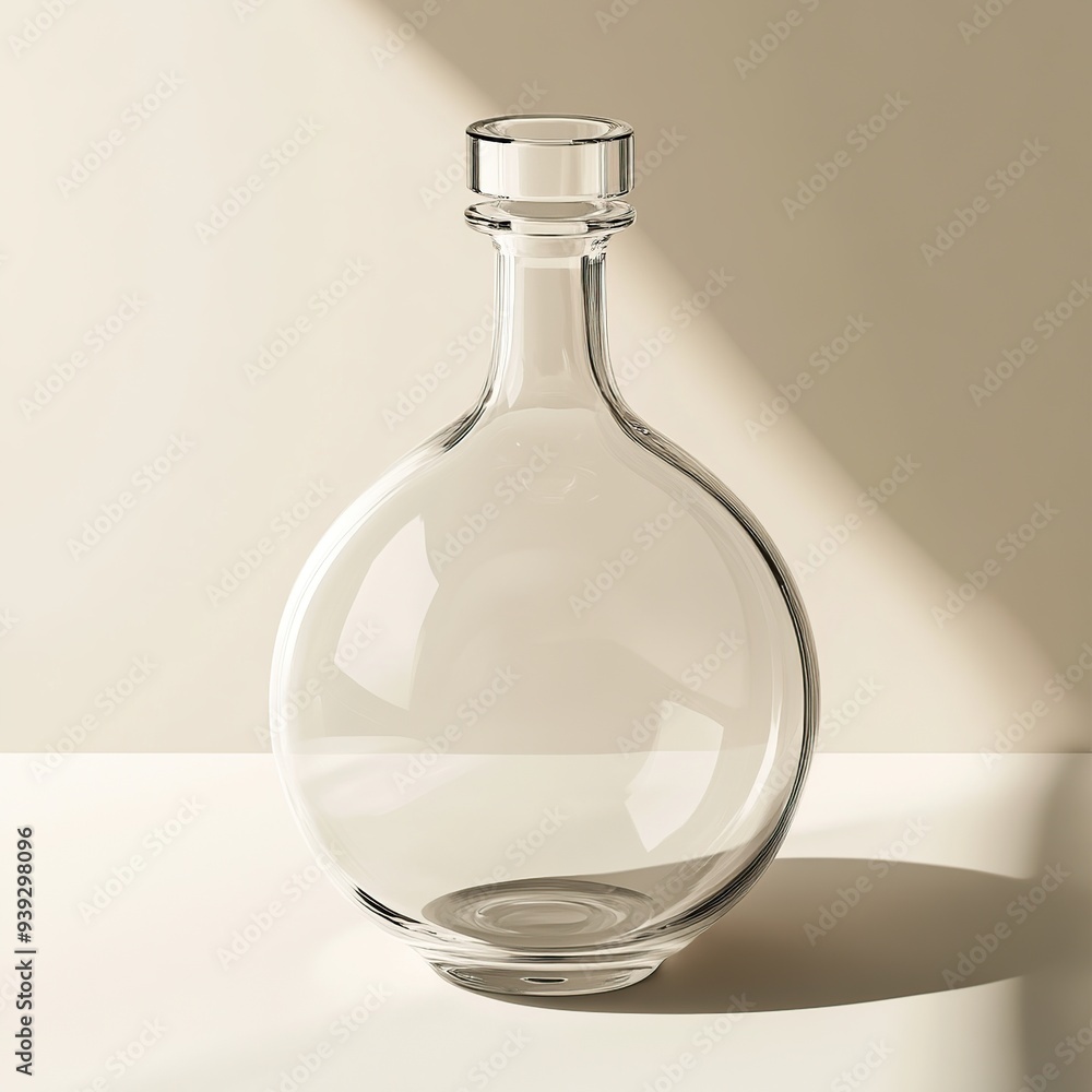 Empty glass decanter with a round body and a short neck,  on a white surface with a shadow.