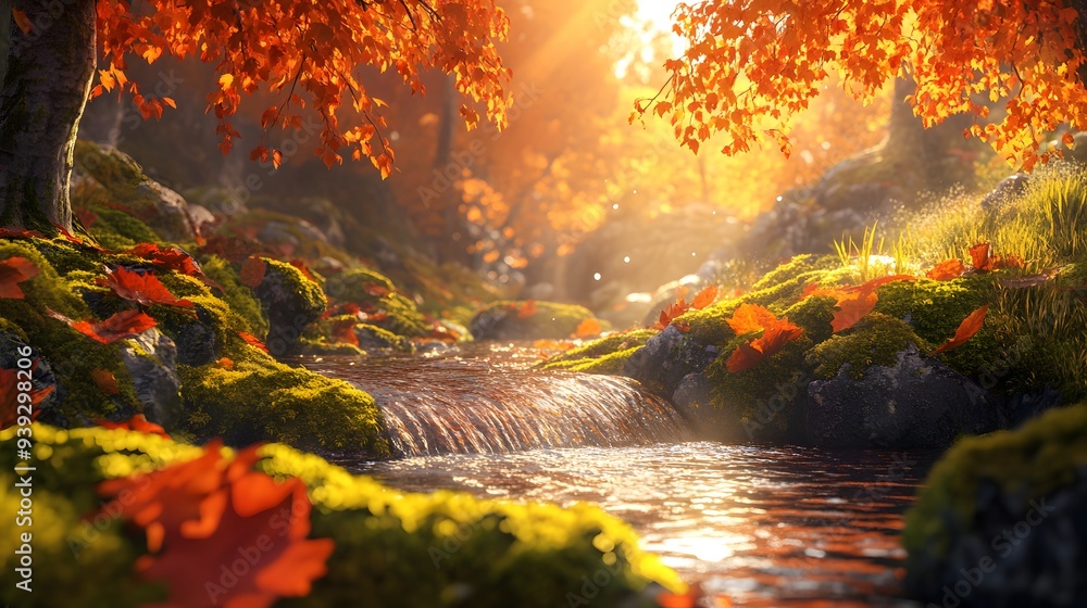 Red maple leaves, serene mountain stream, moss-covered rocks, golden hour light, gentle water flow, autumnal atmosphere, vibrant colors, tranquil forest scene, crisp air. Red maple leaves, serene mountain stream, moss-covered rocks, golden hour light, gentle water flow, autumnal atmosphere, vibrant colors, tranquil forest scene, crisp air.
