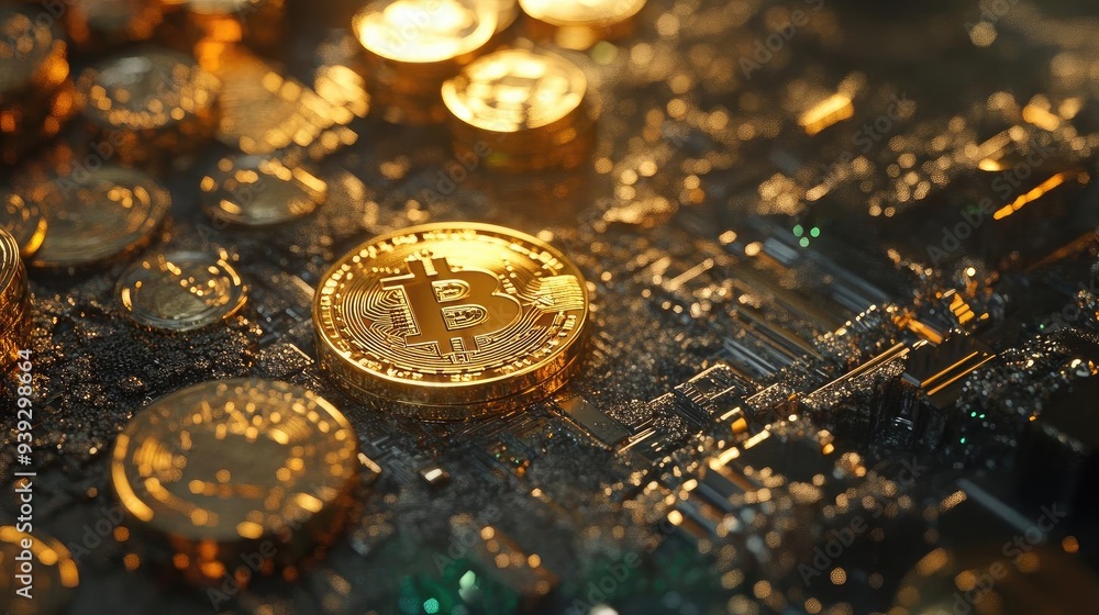 Close-up of golden cryptocurrency coins on a circuit board, reflecting light with intricate details, symbolizing digital finance and technology. Close-up of golden cryptocurrency coins on a circuit board, reflecting light with intricate details, symbolizing digital finance and technology.