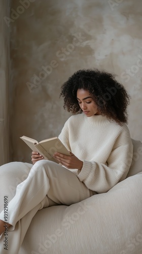 A woman reading a book while sitting comfortably on a soft chair in a serene, minimalistic space