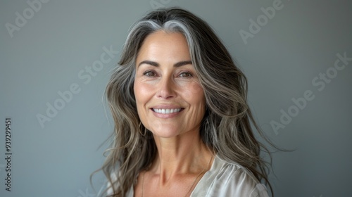 Middle aged happy smiling woman looking at camera against grey background