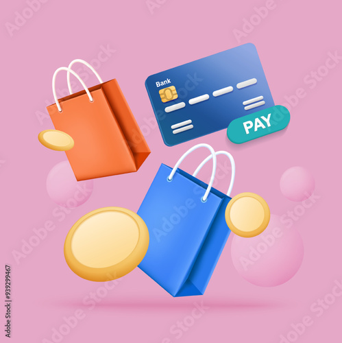 shopping online concept with shopping bag, coin, and credit card