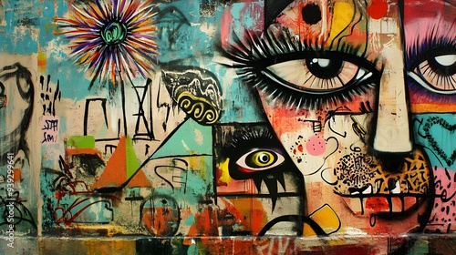 Female face and mixed patterns in abstract execution for stunning paintings and graffiti