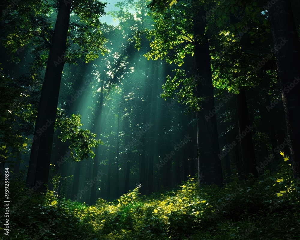 Obraz premium Sunlight Filtering Through Dense Forest Trees on a Summers Day