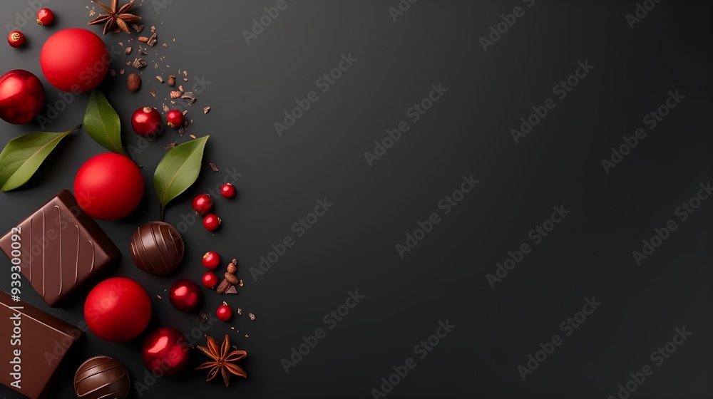 Assorted Gourmet Chocolates with Red Berries and Spices on Dark Background Assorted Gourmet Chocolates with Red Berries and Spices on Dark Background