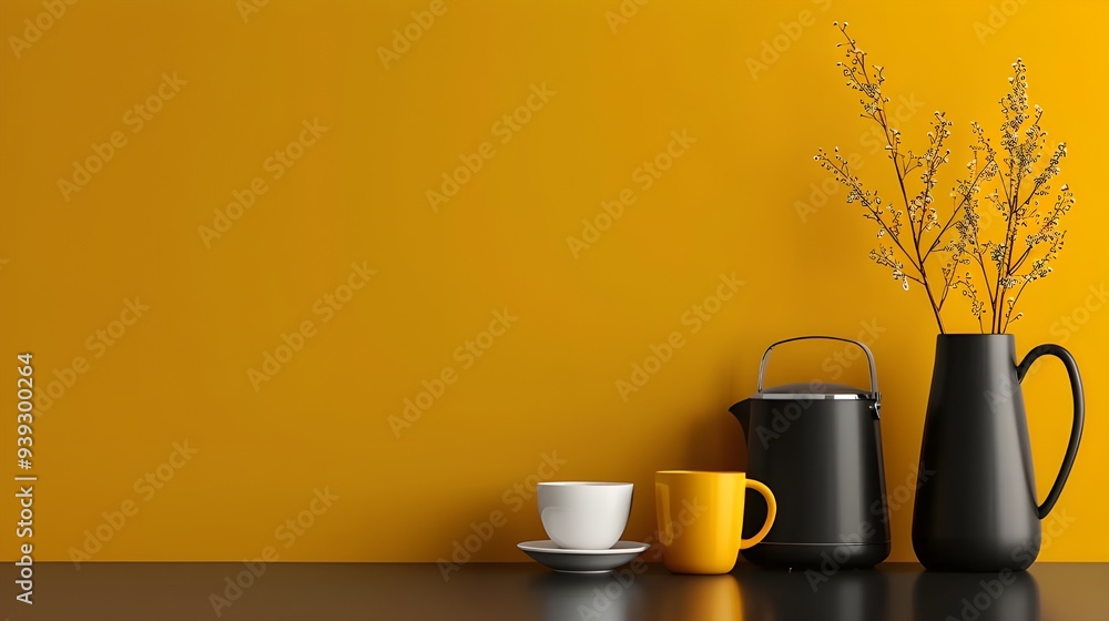 Modern Coffee Setup with Black Kettle and Yellow Mug on Minimalist Background Modern Coffee Setup with Black Kettle and Yellow Mug on Minimalist Background