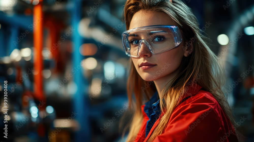 A female engineer wearing safety goggles, inspecting machinery in an industrial setting A female engineer wearing safety goggles, inspecting machinery in an industrial setting
