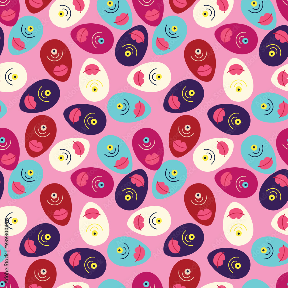 A pink background with a pattern of faces and lips. The faces are all different colors and sizes, and the lips are pink. Scene is playful and whimsical A pink background with a pattern of faces and lips. The faces are all different colors and sizes, and the lips are pink. Scene is playful and whimsical