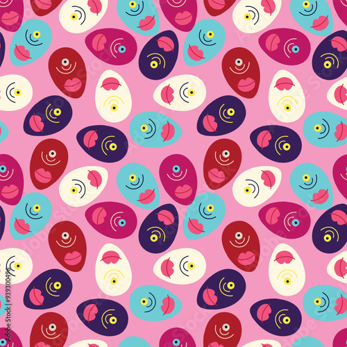 A pink background with a pattern of faces and lips. The faces are all different colors and sizes, and the lips are pink. Scene is playful and whimsical