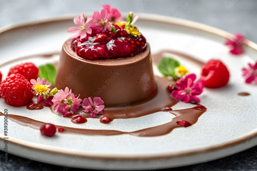 Chocolate Dessert with Raspberry and Flowers Chocolate Dessert with Raspberry and Flowers