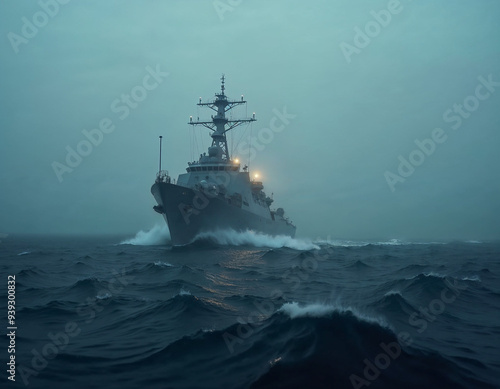 A coastal patrol boat navigating through rough seas during a winter storm, with snow flurries and strong winds 