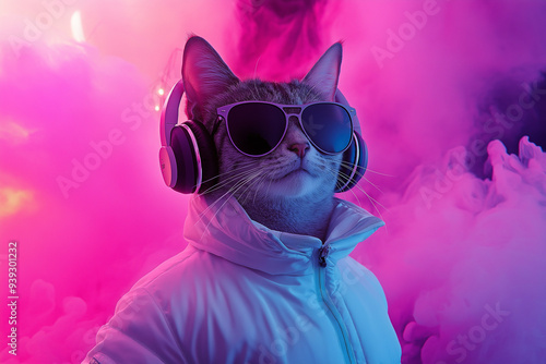 A stylish cat dressed in a white jacket, wearing sunglasses and headphones, poses with colorful smoke in the background, embodying coolness and confidence in a vibrant setting.