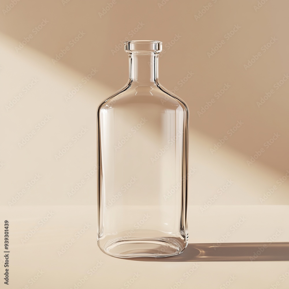 Empty glass bottle with shadow on light brown background. Empty glass bottle with shadow on light brown background.