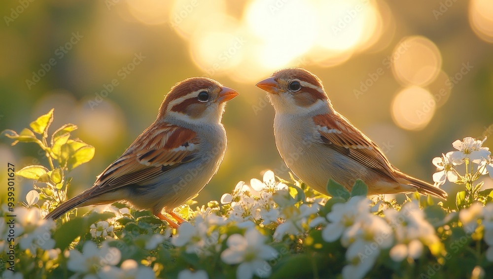 Two small sparrows perched on a branch with white blooming flowers. Two small sparrows perched on a branch with white blooming flowers.