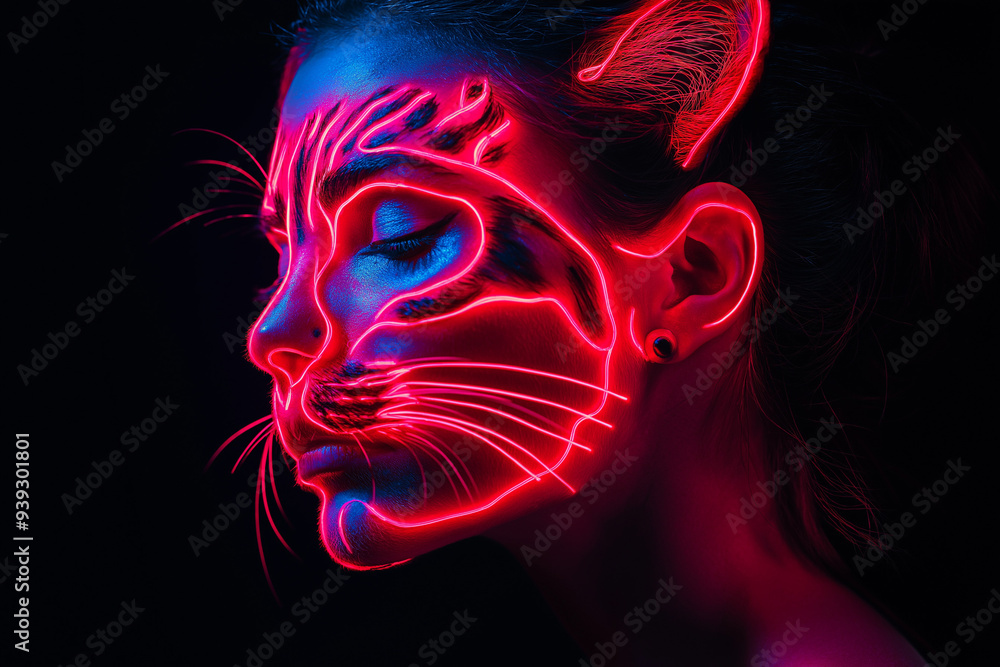 A visually striking image depicting a side profile of person with cat ear accessories, highlighted by vivid neon lighting against a dark background, creating a surreal effect. A visually striking image depicting a side profile of person with cat ear accessories, highlighted by vivid neon lighting against a dark background, creating a surreal effect.