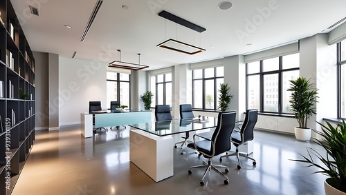 At the center of the room, a contemporary glass desk takes prominence, paired with ergonomic black leather office chairs that ensure comfort during long work hours.