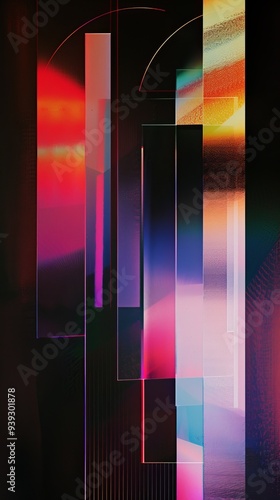 Stunning abstract artwork highlighting vibrant geometric shapes and rich gradients blending into dark hues. photo