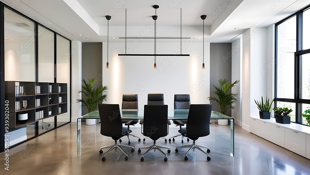 At the center of the room, a contemporary glass desk takes prominence, paired with ergonomic black leather office chairs that ensure comfort during long work hours. At the center of the room, a contemporary glass desk takes prominence, paired with ergonomic black leather office chairs that ensure comfort during long work hours.