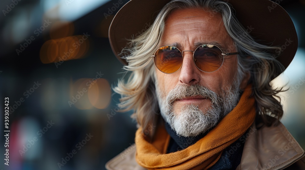 A stylish older man with long gray hair and a beard, wearing sunglasses and a wide-brimmed hat. He has a warm scarf wrapped around his neck and is standing outdoors with a blurred background. A stylish older man with long gray hair and a beard, wearing sunglasses and a wide-brimmed hat. He has a warm scarf wrapped around his neck and is standing outdoors with a blurred background.
