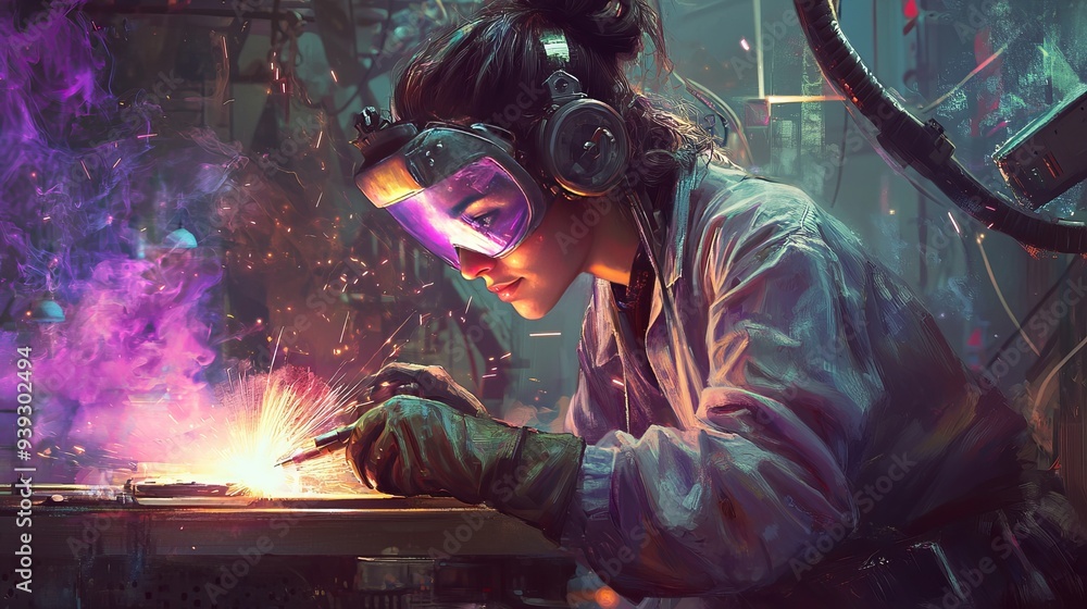 Focused Woman Welding with Sparks in a Futuristic Workshop Focused Woman Welding with Sparks in a Futuristic Workshop