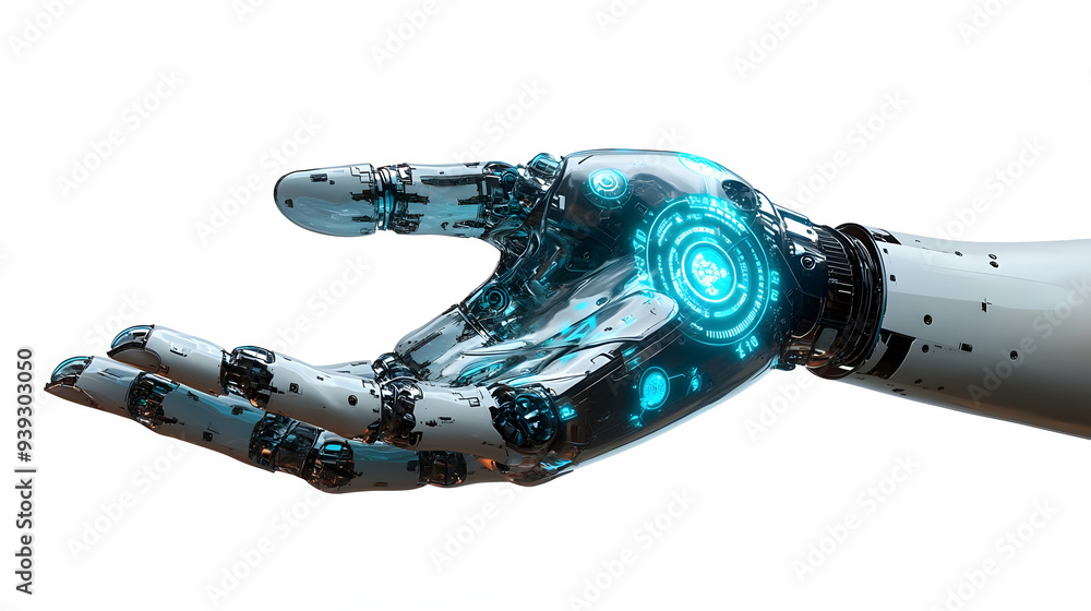 3d Flat icon as Hand with Holographic Robotics Arm and Gear concept as A photo showing a hand presenting a holographic robotics arm and a gear. The hand is positioned centrally leaving ample copy spac 3d Flat icon as Hand with Holographic Robotics Arm and Gear concept as A photo showing a hand presenting a holographic robotics arm and a gear. The hand is positioned centrally leaving ample copy spac