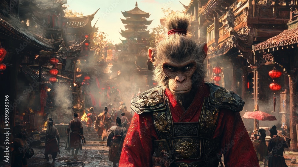Wukong in traditional Chinese armor on a busy street Wukong in traditional Chinese armor on a busy street