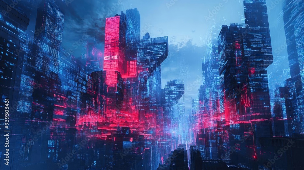 Futuristic cityscape with vibrant neon lights and digital elements, illustrating modern technology and urban architecture. Futuristic cityscape with vibrant neon lights and digital elements, illustrating modern technology and urban architecture.
